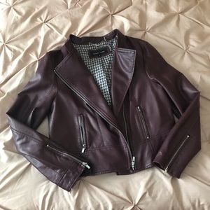 Faux-Leather Asymmetric Burgundy Moto Biker Jacket